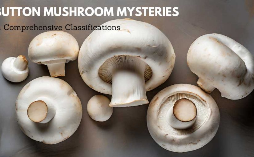 White mushroom displayed with the title BUTTON MUSHROOM MYSTERIES - A Comprehensive Classifications.