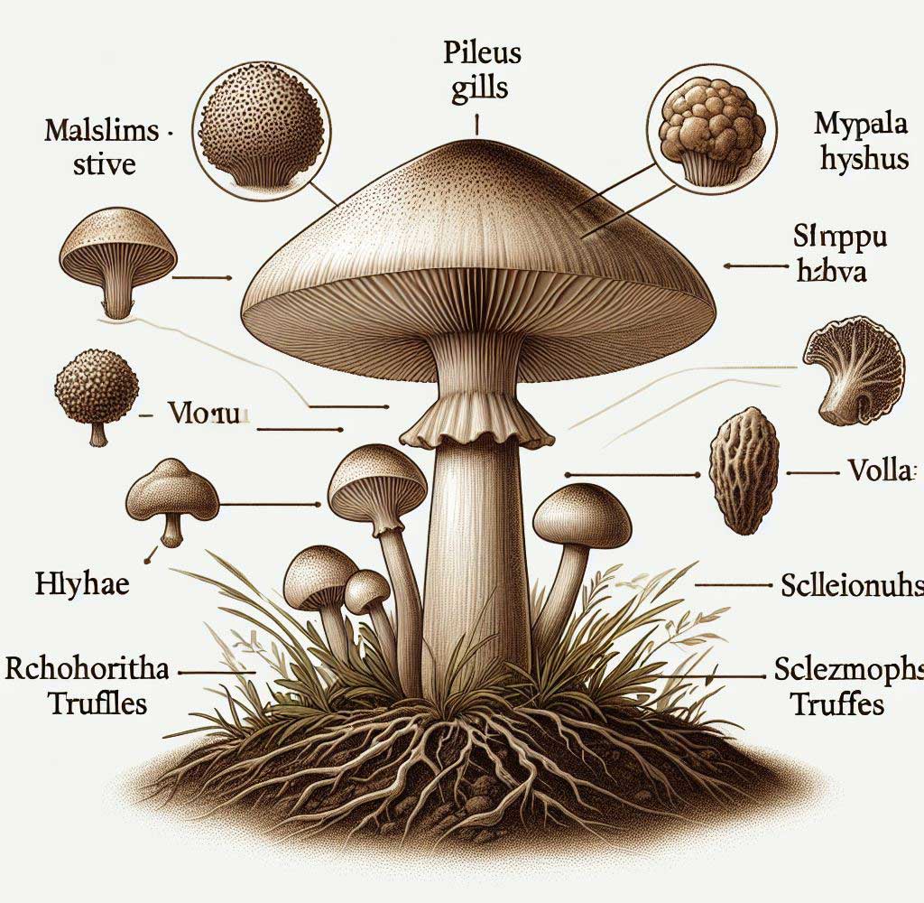 The structure of a mushroom includes the pileus gills, stipe, hyphae, and different types of fungi like truffles.