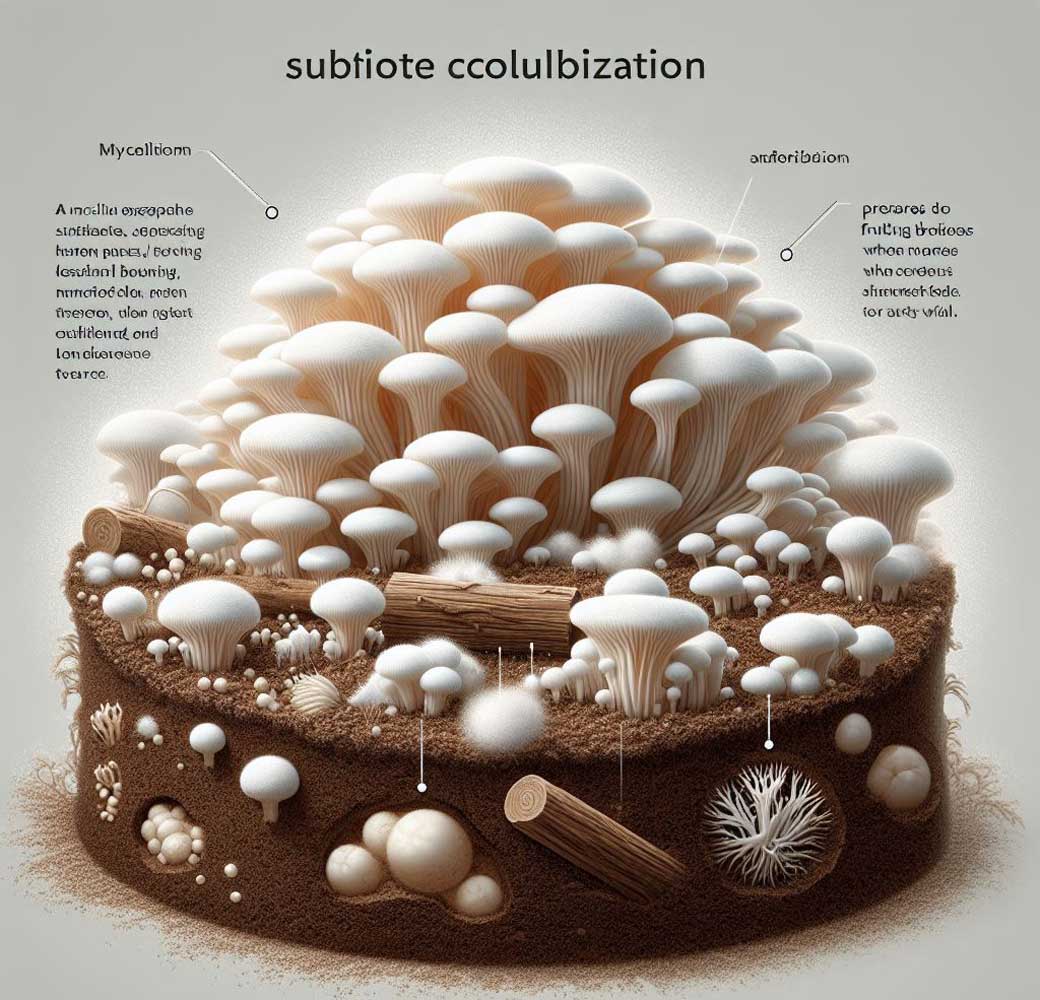 Annotations describe the mycelium and rhizobium of mushrooms that grow in a symbiotic relationship on soil.
