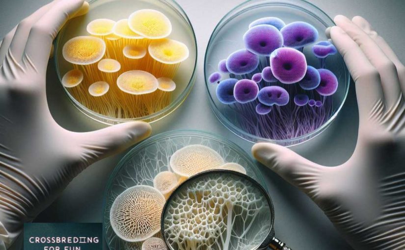 Petri dishes with colorful fungi being examined under a magnifying glass. "CROSSBREEDING FOR FUN & FUNGI" is visible.