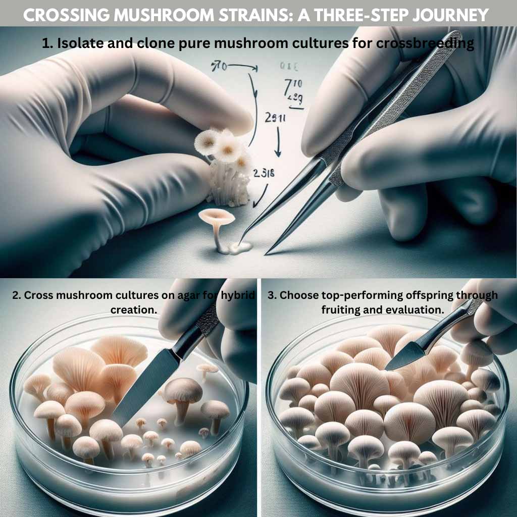 A detailed illustration depicting the three-step process of crossing mushroom strains.
