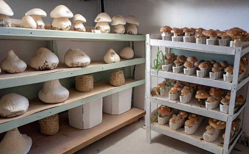 Shows how to grow mushrooms at home in a cardboard box and on a dedicated shelf.
