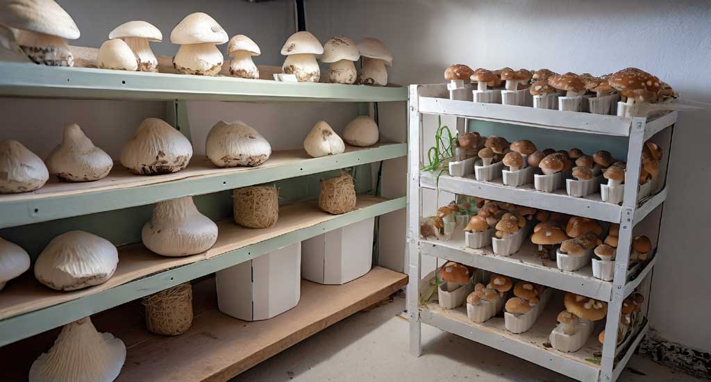 Shows mushrooms growing at home in a cardboard box and on a dedicated shelf.