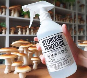 Hydrogen peroxide solution in a white bottle to spray or wipe down the surfaces of the mushroom growing room.