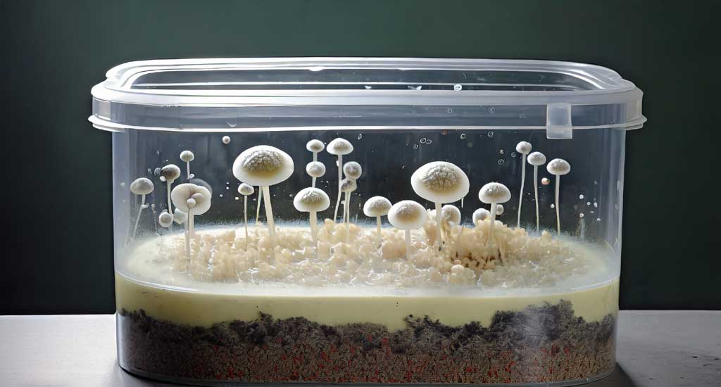 A container filled with the substrate and spawn mixture growth stages, from incubation to fruiting.