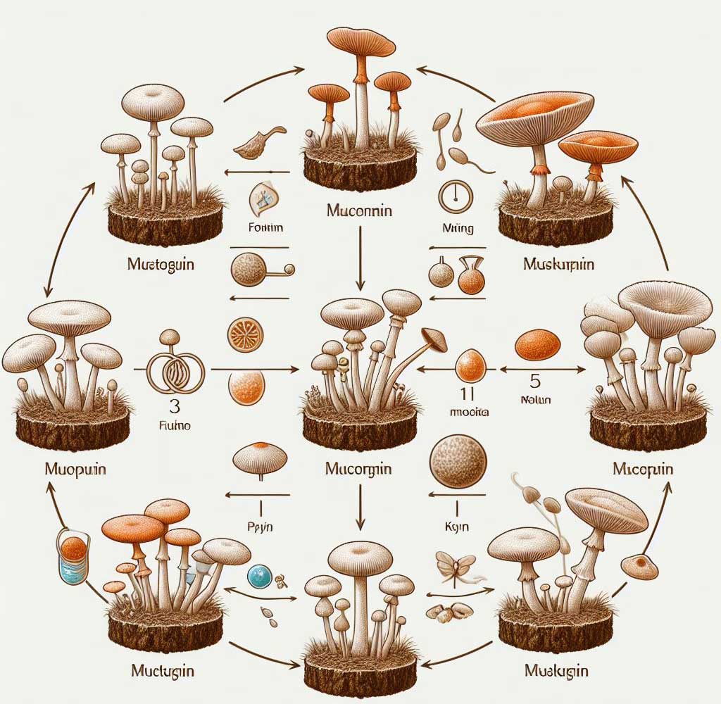 The life cycle of a mushroom is depicted in a detailed and artistic manner.