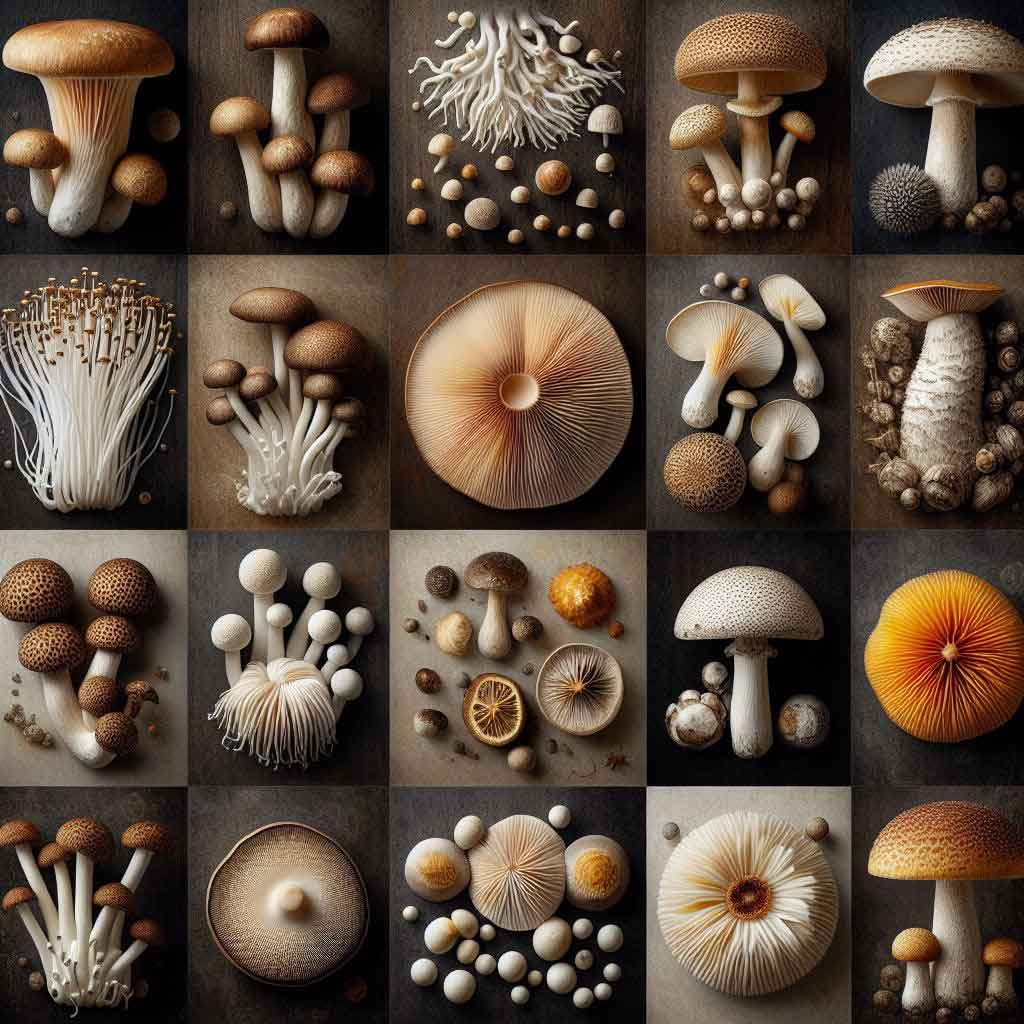 A collage of images of shiitake, enoki, lion's mane, button, portobello, reishi, oyster, king oyster, and straw mushrooms.