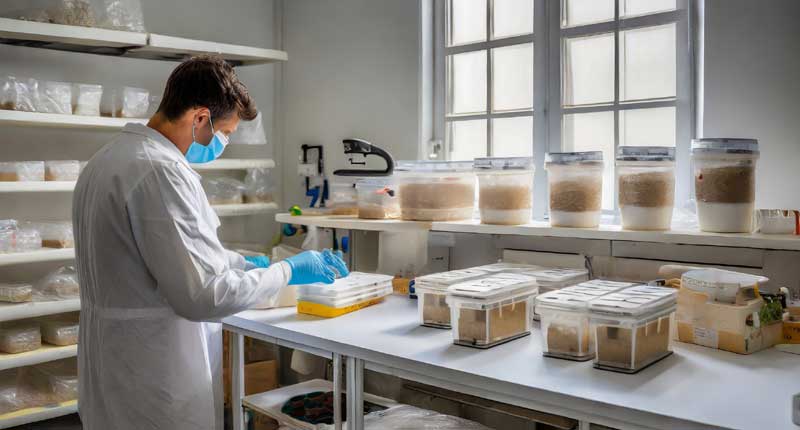 A person in a lab coat and gloves working to sterilize a Room for Growing Mushrooms.