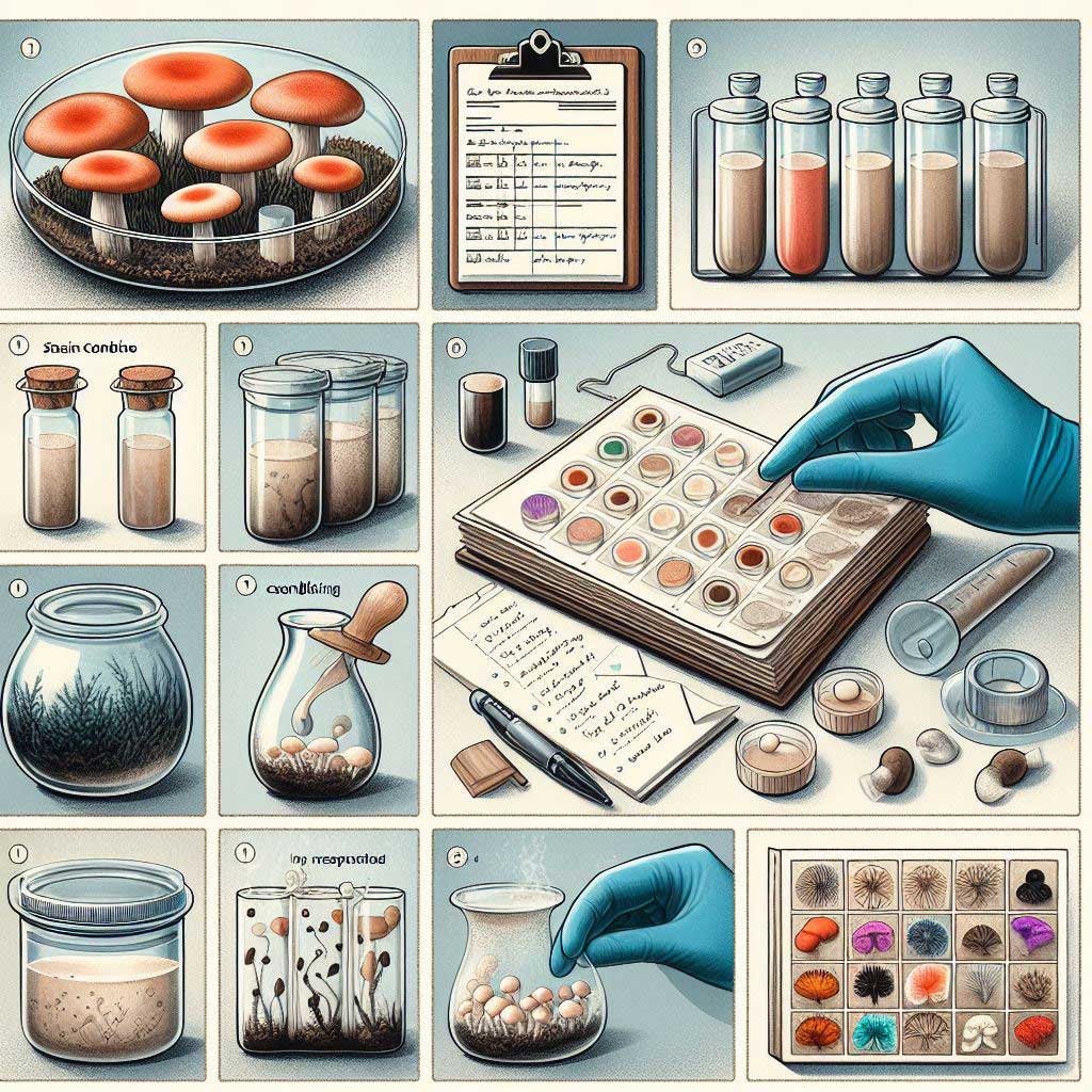 Mushroom spore cultivation and examination, showing various tools and stages of the process.