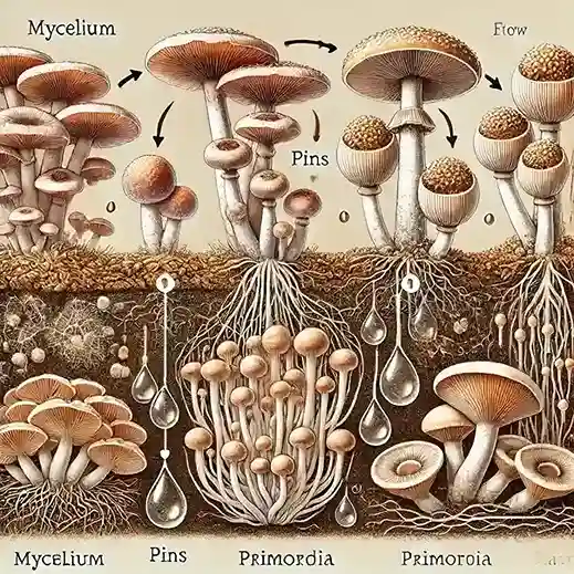 The mushroom fruiting process, from underground mycelium to pins, primordia, and mature mushrooms.