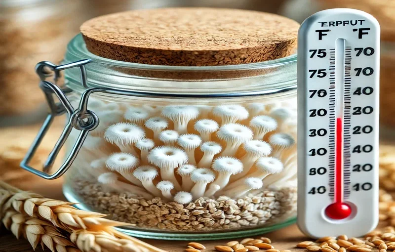 Close-up of a jar with white mycelium spreading over grain substrate, with grains and a thermometer.