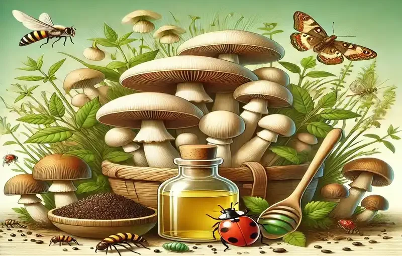 Healthy mushroom crop with natural remedies like neem oil, diatomaceous earth, and beneficial insects.